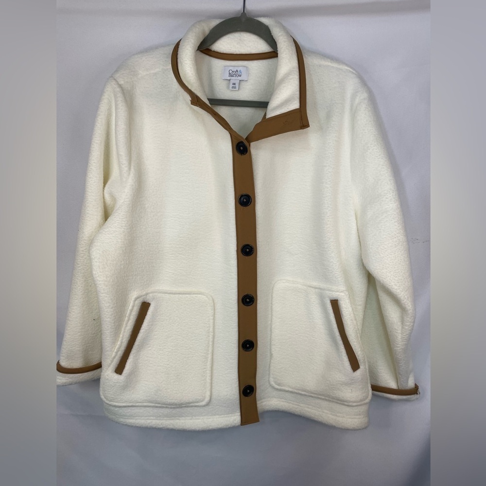 Country chic Sherpa like jacket with brown trim and a cream base. Croft&Barrow